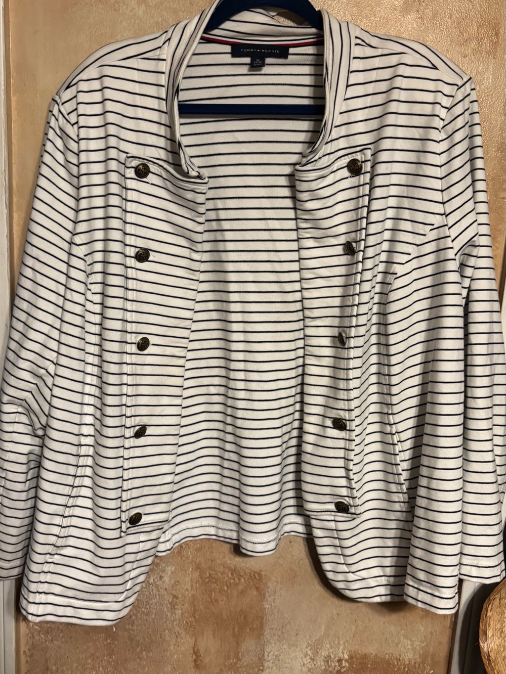 Tommy Hilfiger 3X White Band Military Jacket with Navy Stripes and Brass Buttons